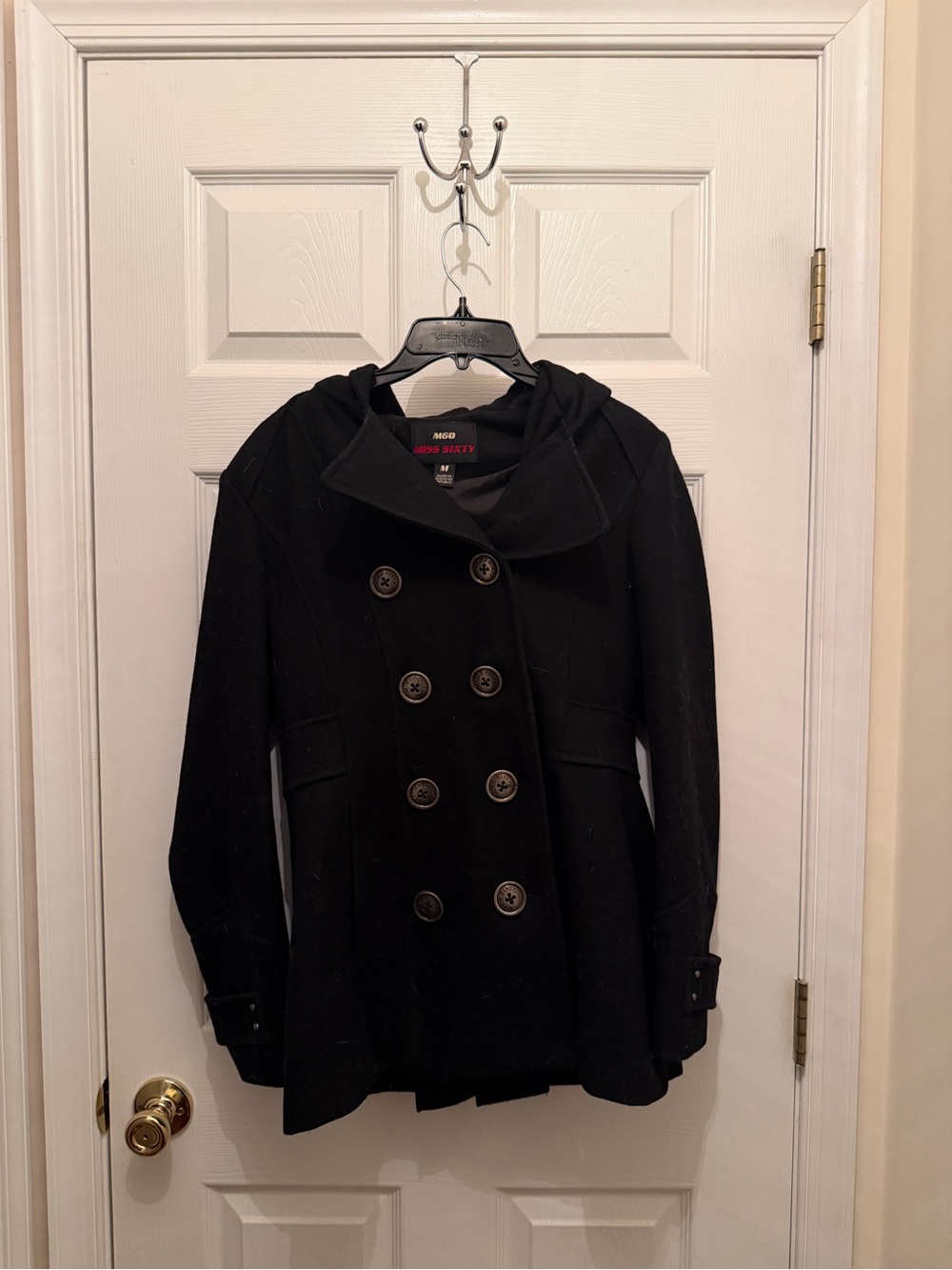 Miss Sixty Black Double-Breasted Hooded Pea Coat